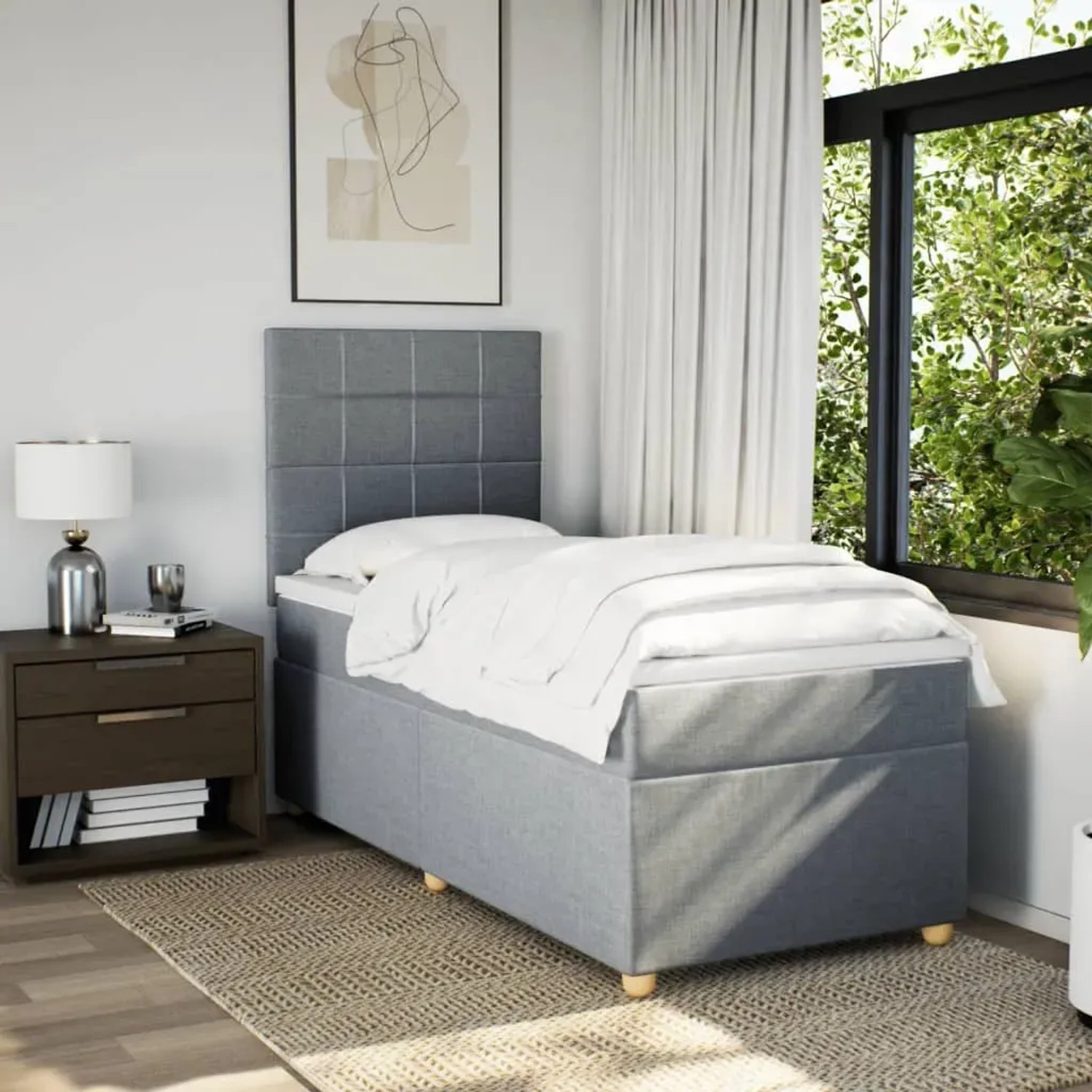 Helles, graues vidaXL Boxspringbett (90x200 cm) mit Matratze und Kopfteil im Schlafzimmer.