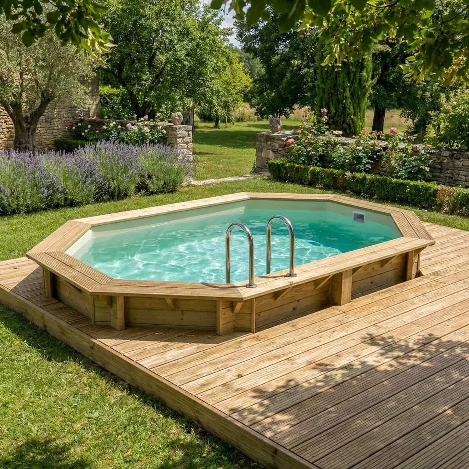 Achteckiger ALTANKA Holzpool Nemo 4,3x3 m mit sandfarbenem Liner, Edelstahlleiter und Holzdeck im grünen Garten.