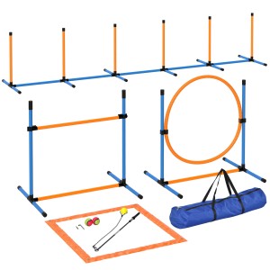 PawHut Hunde Agility Set, blau/orange, mit Hürden, Slalomstangen, Reifen, Spielzeug und Tragetasche.
