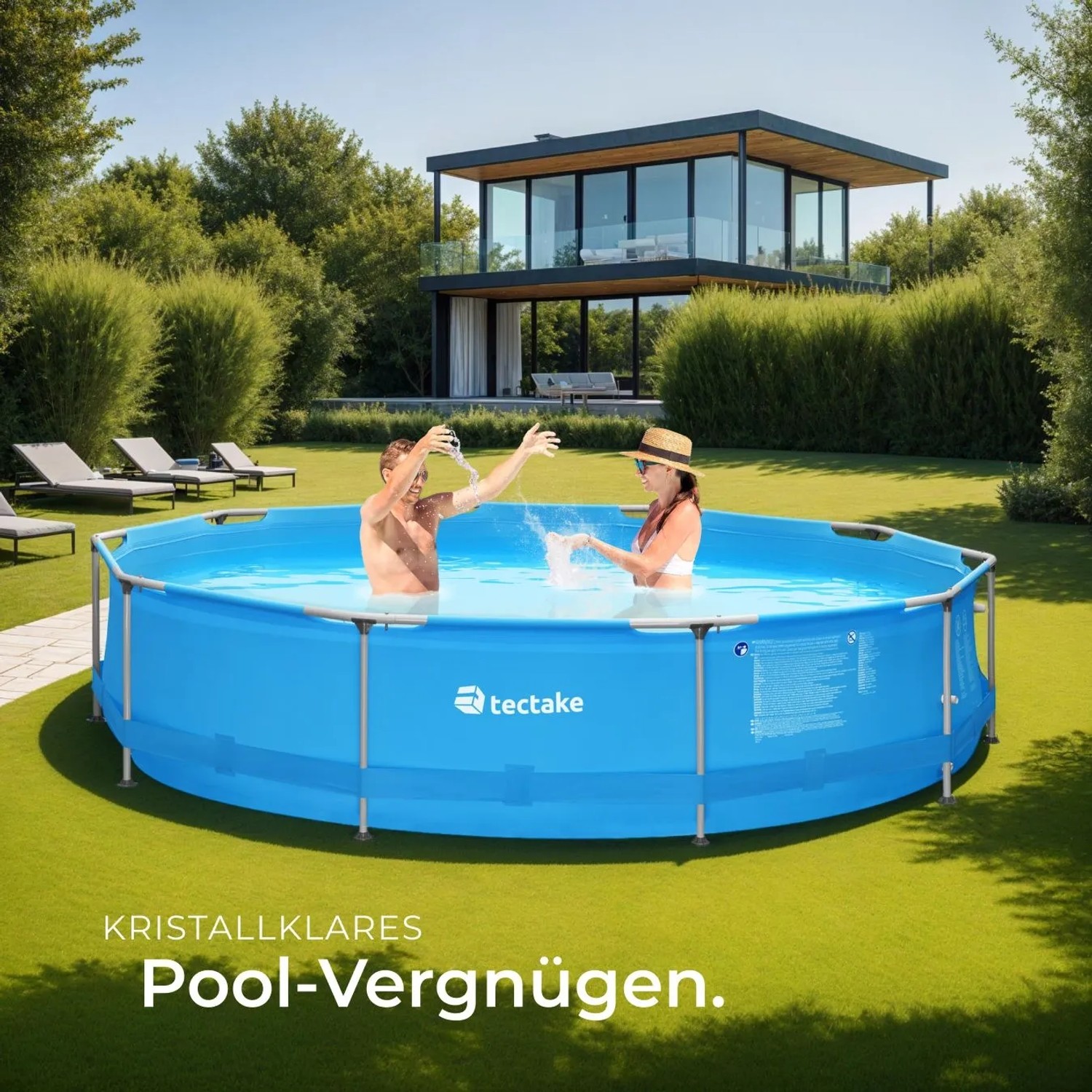 Blauer Tectake Swimming Pool mit Stahlrahmen, rund, 360x76 cm, mit zwei Personen im Wasser.