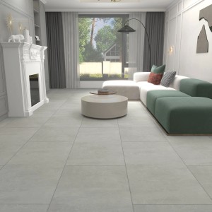 Heller, grauer Decoflooring Klick-Vinylboden Fliese XL Metro in Steinoptik im Wohnraum.