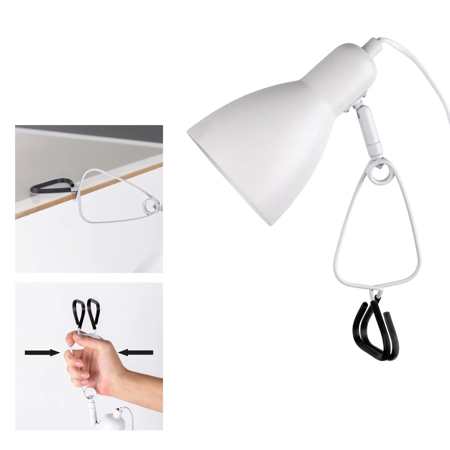Weiße Näve Klemmleuchte Mara, 28 cm hoch, mit Metallklemme zur flexiblen Befestigung.