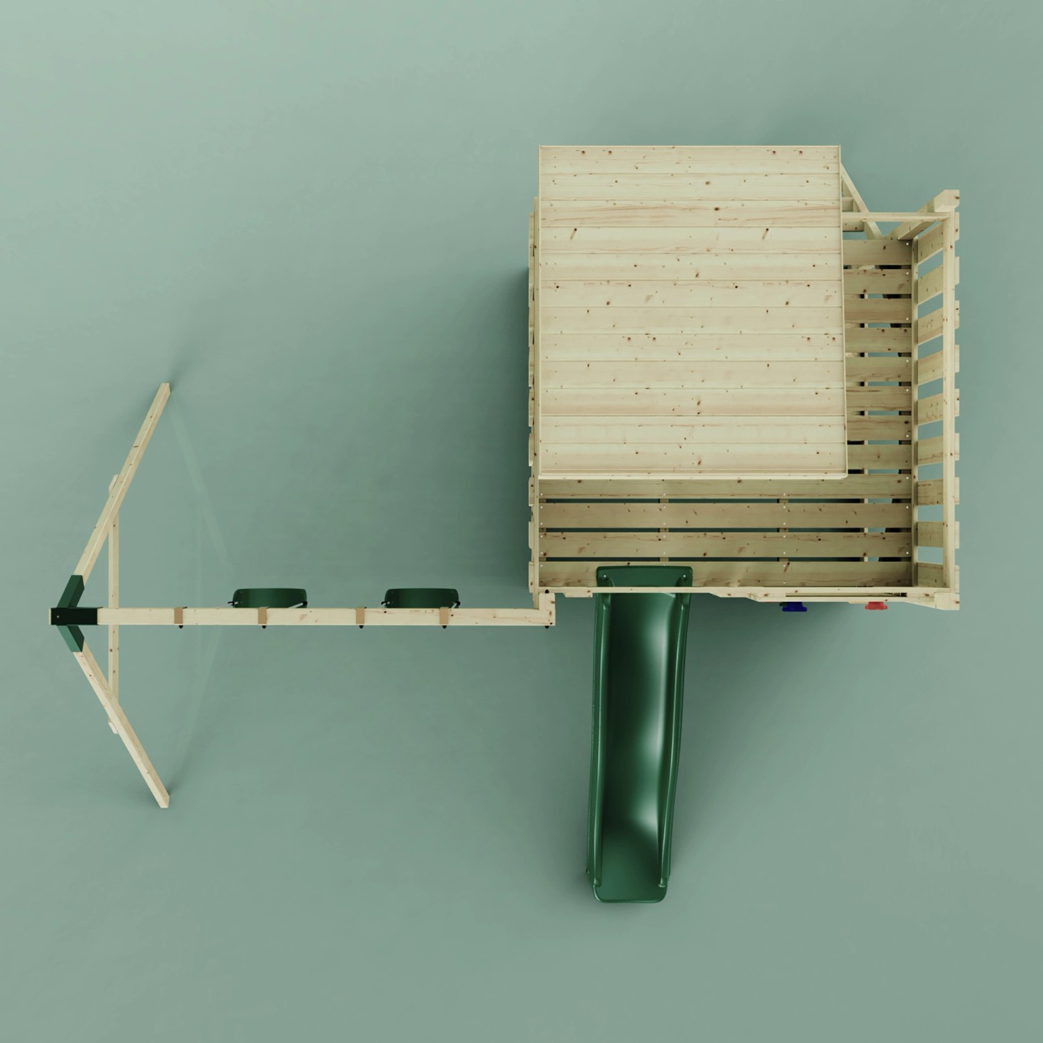 Dunkelgrüner PolarPlay Spielturm Björn mit Schaukel und Rutsche, Vogelperspektive.