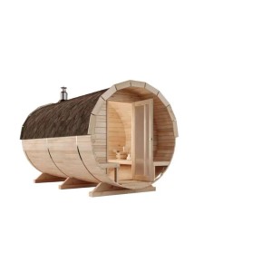 Finntherm Fasssauna Charlotte, naturbelassen, Ø 215 cm. Saunahaus aus Fichte mit Dachschindeln.