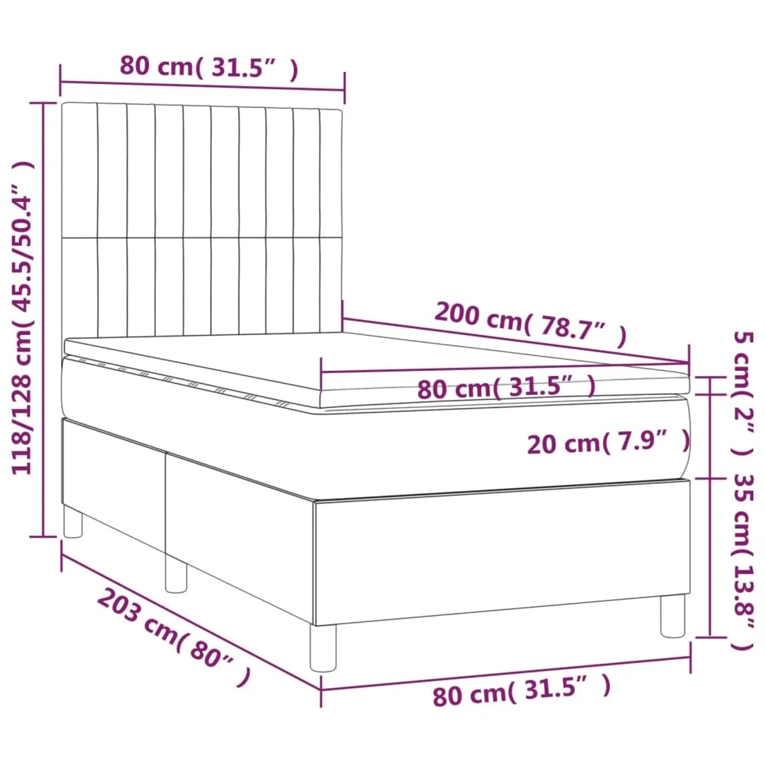 Skizze eines rosa vidaXL Boxspringbetts 80x200 cm mit Matratze und Kopfteil. Bett der Kategorie Betten.