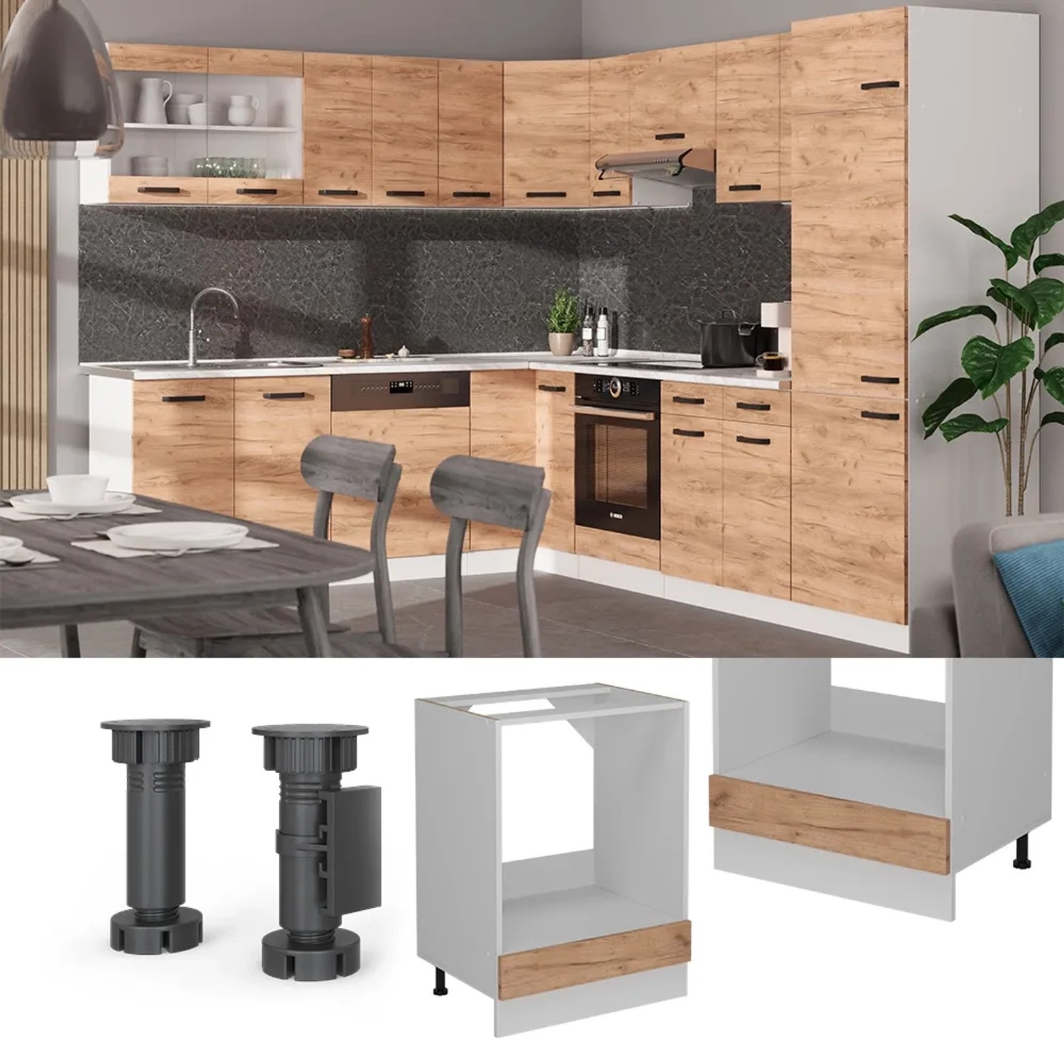 Vicco Herdumbauschrank R-Line Goldkraft Eiche, 60 cm, Küchenschrank ohne Arbeitsplatte.