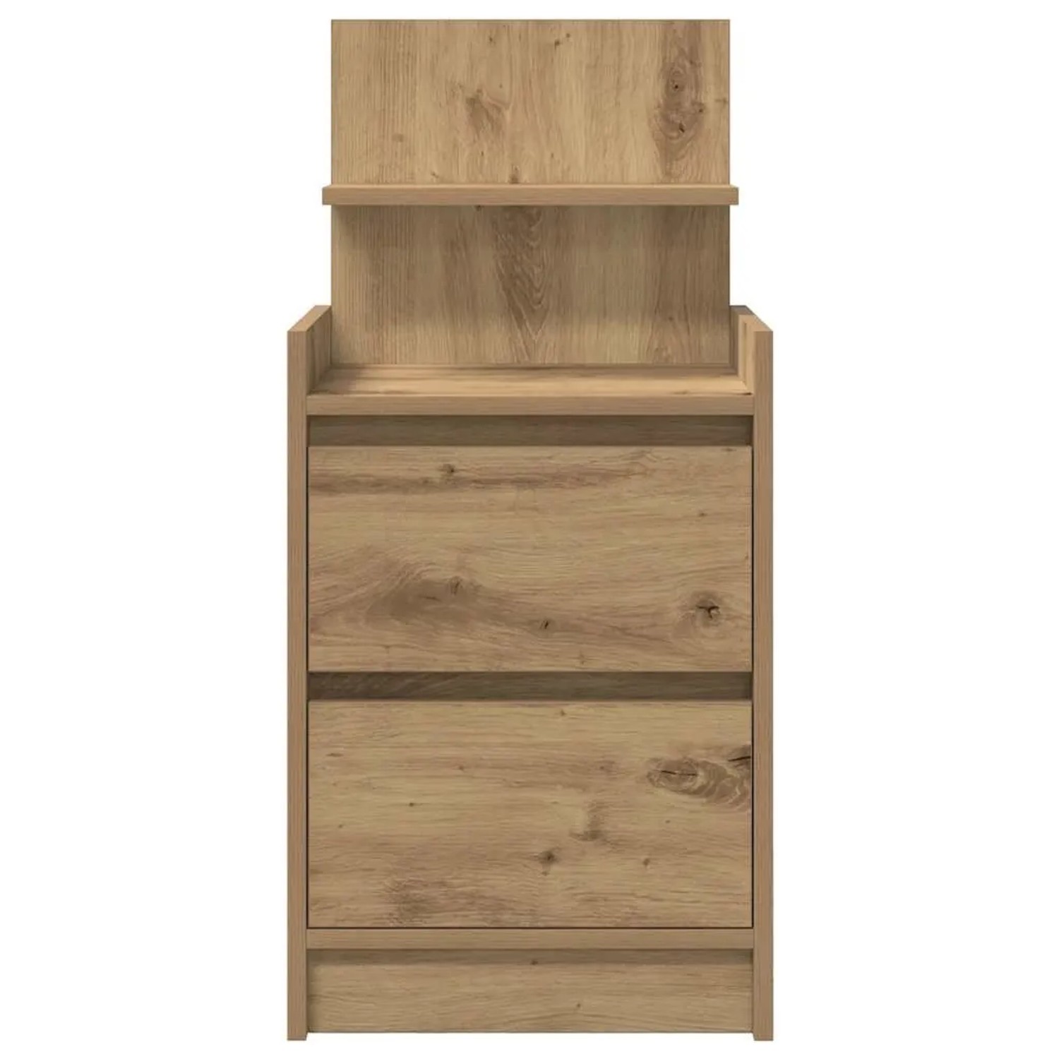 Moderner Nachttisch in Artisan-Eiche Optik mit 2 Schubladen und offener Ablage aus Holzwerkstoff.
