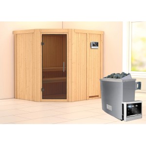 Karibu Sauna-Set Swenna mit Ofen und ext. Steuerung, Tür Graphit. Massivholzsauna aus Fichte mit Liegen.