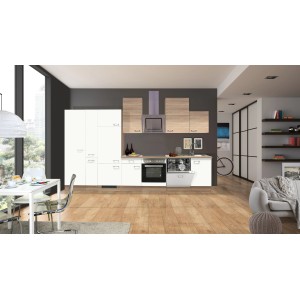 Flex-Well Classic Küchenzeile Florida, 360 cm, Weiß und Sonoma Eiche Nachbildung. Einbauküche mit Elektrogeräten.