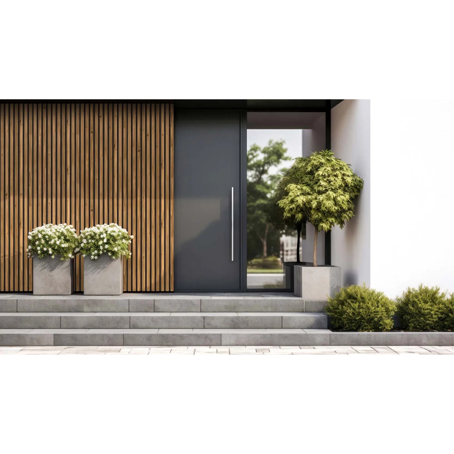 Denpanels Musterpaneel Nordic Outdoor Design aus Thermoholz und Filz an einer Hauswand.