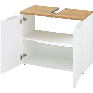 Germania Waschbeckenunterschrank GW-Pescara, weiß und Eiche, mit offenen Türen und zwei Regalböden.