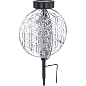 Silberne Globo LED Solar-Kugel Leuchte mit Erdspieß und Lebensblumenmuster für den Garten.