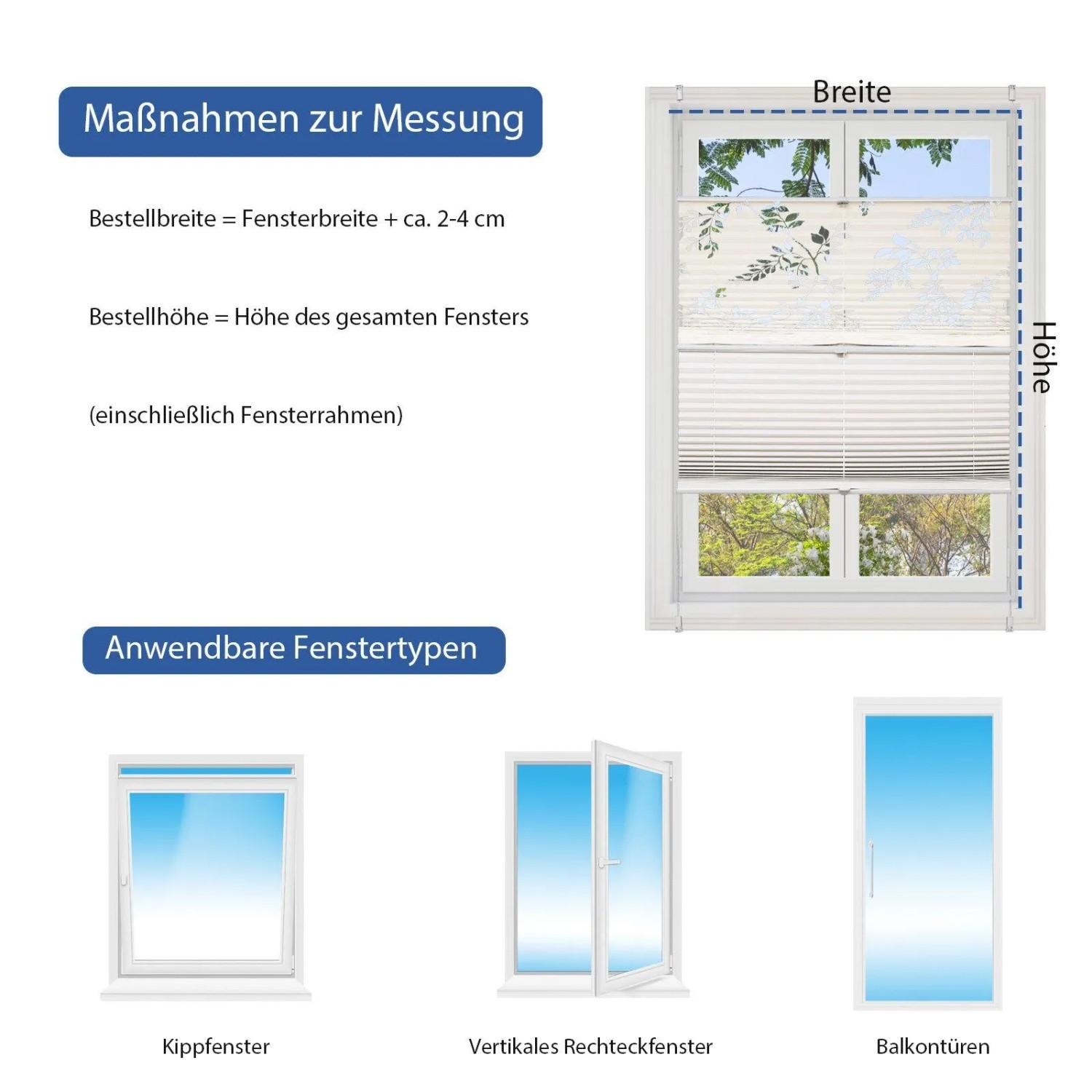 Infografik: Anleitung zum Messen und Anbringen von Sekey Doppelplissee Day&Night Fenstervorhängen.