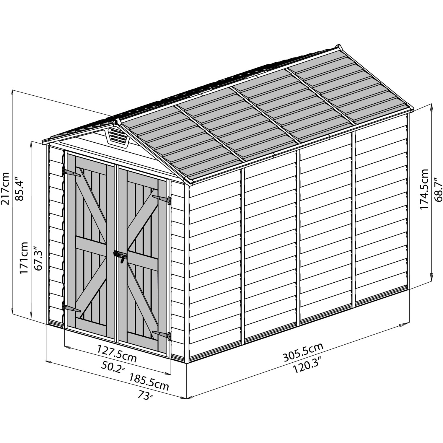 Technische Zeichnung: Palram Canopia Skylight 1.9 x 3 Gerätehaus Braun-Mix mit Maßangaben.