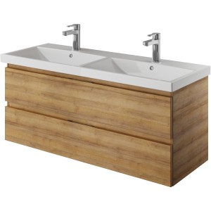 Pelipal Waschbeckenunterschrank Serie 4035 in Riviera Eiche, 116 cm breit, mit zwei Schubladen und Doppelwaschbecken.
