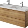 Pelipal Waschbeckenunterschrank Serie 4035 in Riviera Eiche, 116 cm breit, mit zwei Schubladen und Doppelwaschbecken.