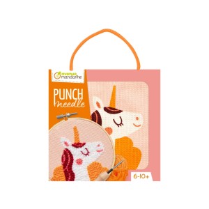MyMandarine Punch Needle Einhorn Set: Pinke Verpackung mit Stickrahmen, Wolle und Stanznadel für 3D-Stickeffekt.
