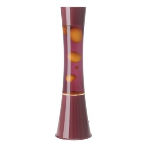 Moderne LED-Lavatischleuchte Bordeaux mit weinroter Flüssigkeit und orangem Wachs für stimmungsvolles Licht.