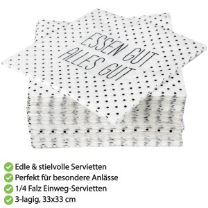 Bestlivings Servietten mit Punktdesign und dem Schriftzug "Essen Gut Alles Gut", 3-lagig, 80er Pack.