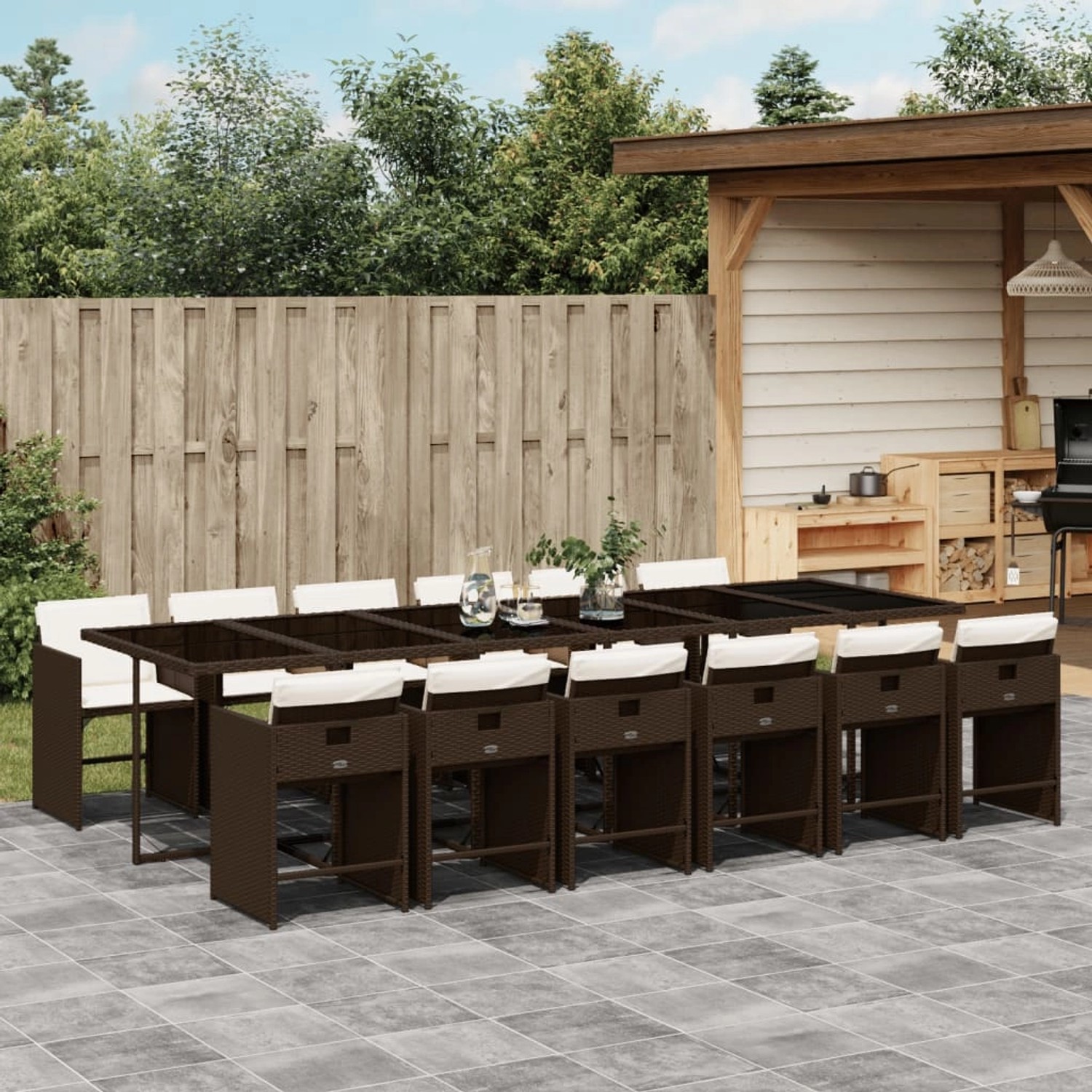 Braune 13-tlg. vidaXL Garten-Essgruppe aus Poly Rattan mit Kissen, Modell 8. Ideal für Garten und Terrasse.