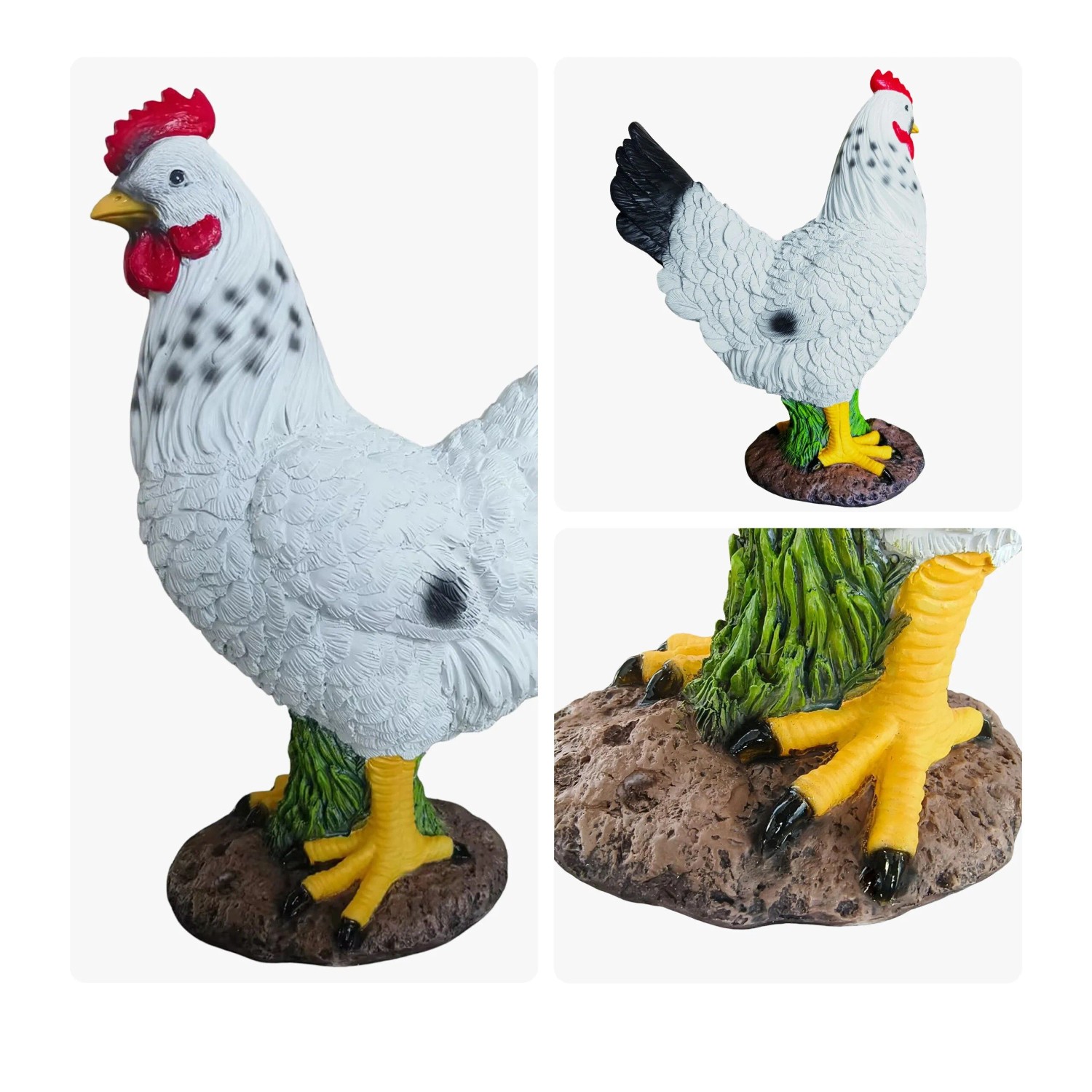 Gartenfigur Huhn aus Polyresin, weiß mit schwarzen Flecken, rotem Kamm und gelben Füßen auf Sockel.