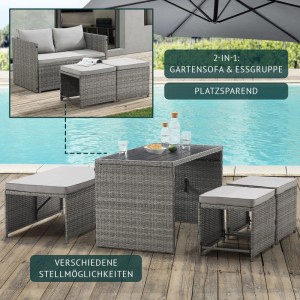 Graue Svita Athina Polyrattan Gartenmöbel Set: modulares Sofa, Tisch, Hocker mit Kissen für Balkon & Outdoor.