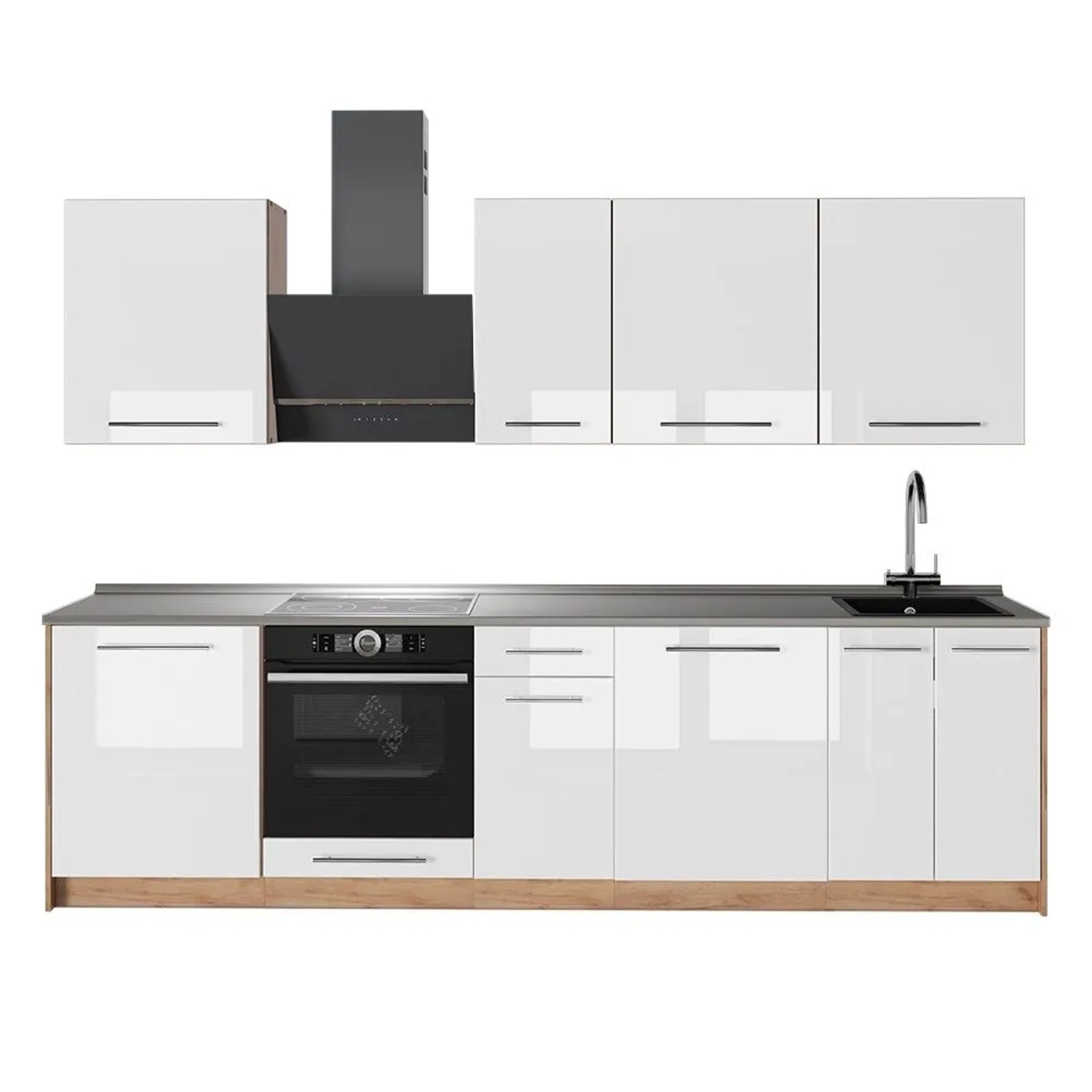 Vicco Küchenzeile Fame-Line Weiß Hochglanz/Goldkraft Eiche 280 x 82 AP Marmor Art Nr 64210