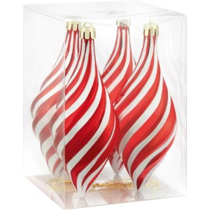 4-teiliges Baumschmuck-Set Ornament, rot-weiß gestreift, 10x14cm, im transparenten Kunststoffbehälter.