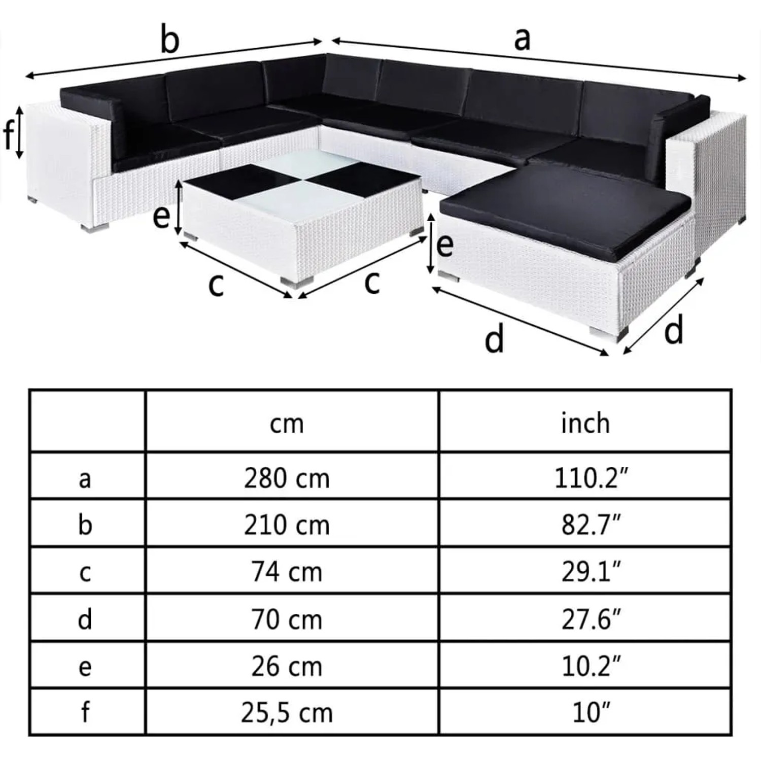 vidaXL 8-tlg. Garten Lounge Set aus Poly Rattan in Weiß mit schwarzen Auflagen und Tisch, Maße