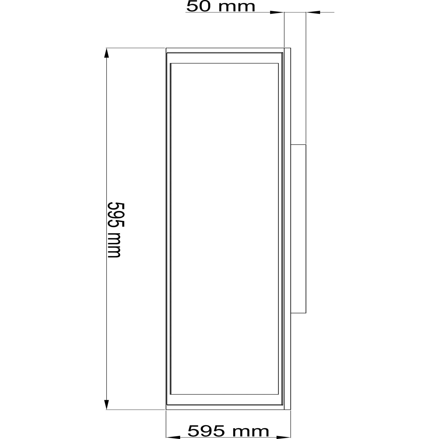Skizze des LED-Deckenpaneels Abie, 60x60 cm, mit Maßangaben. Schwarz.