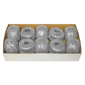 Silberne Fadenknäuel (20 m) für Weihnachtsdeko und Bastelarbeiten im Karton.