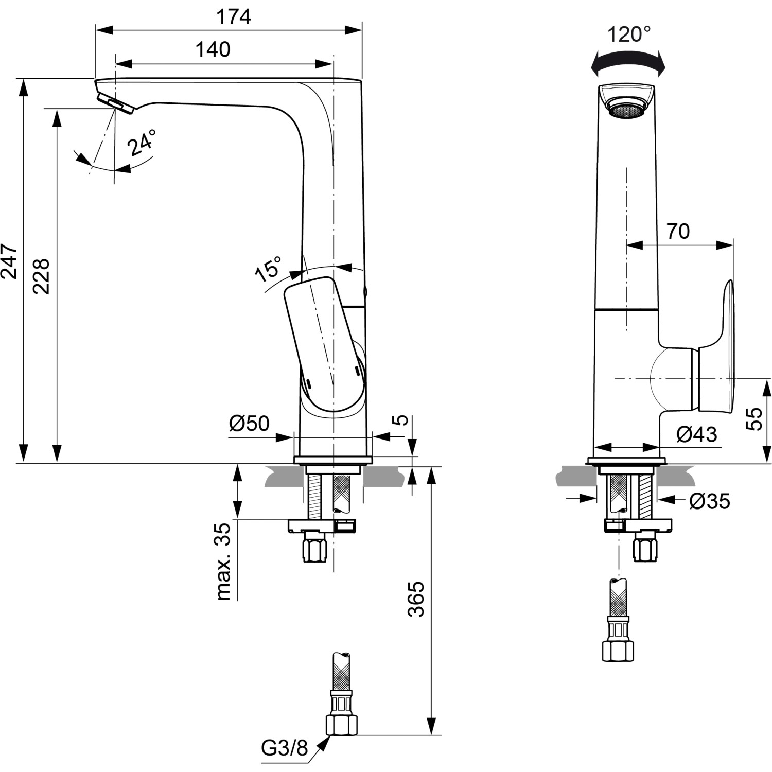 Technische Zeichnung: Ideal Standard Connect Air Waschtischarmatur, hoher Auslauf, gebürstetes Gold, Maße.
