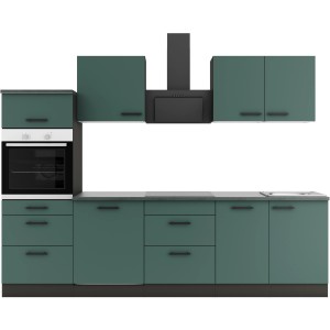 OPTIFIT Verona405 Küchenzeile 270 cm in Steingrün mit E-Geräten.