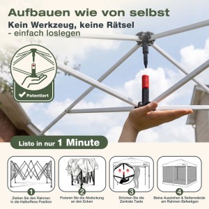 Sekey Faltpavillon: Einfacher Pop-Up Aufbau mit rotem Knopf. Schnelle, werkzeuglose Montage des Pavillons.