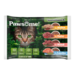 Pawsome Katzen-Nassfutter 4er Pack mit Huhn, Ente, Rind und Lachs.