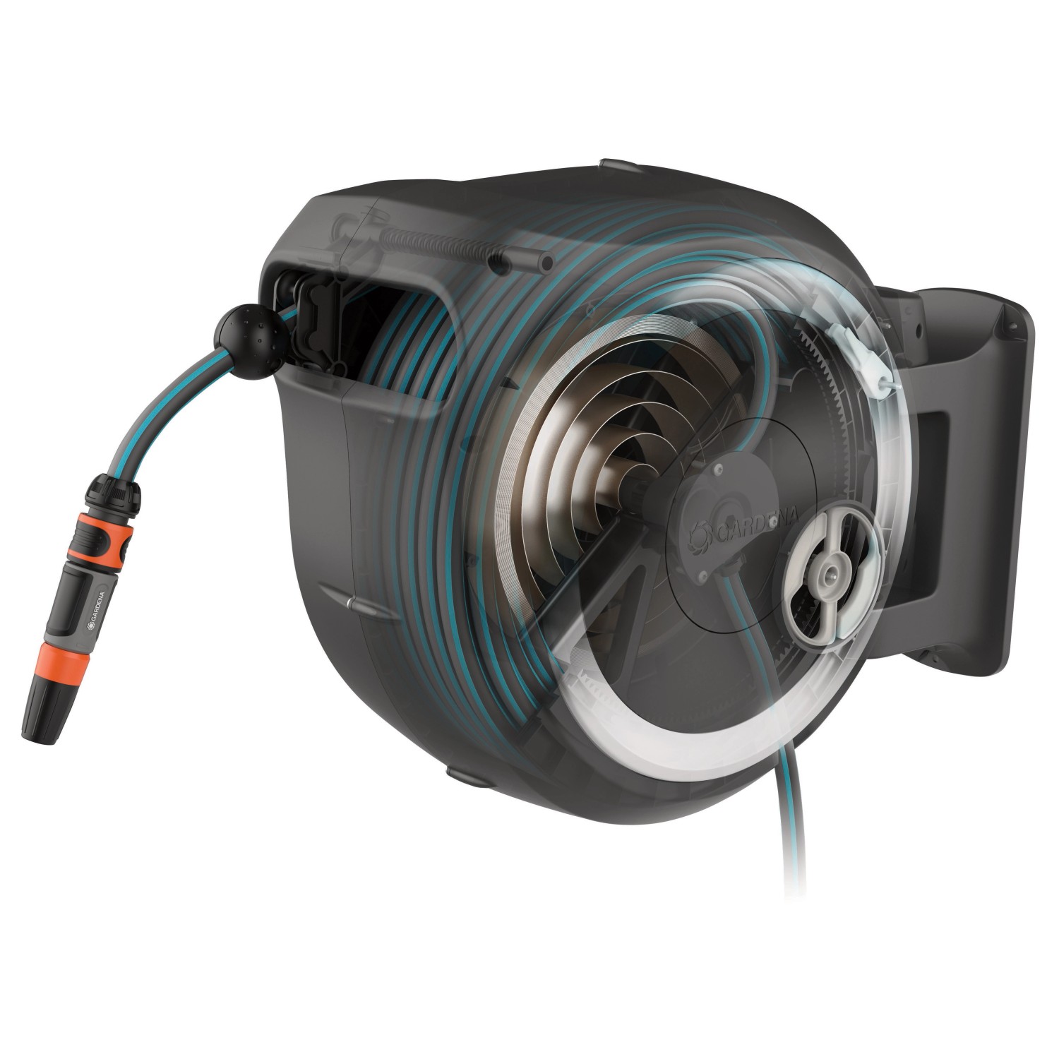 Gardena Wand-Schlauchbox RollUp XL, weiße Schlauchtrommel mit 35 m Gartenschlauch.