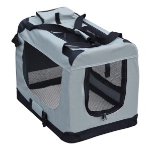 Graue, faltbare Fudajo XL Hundebox/Katzenbox mit Netzfenstern und Tragegriffen.
