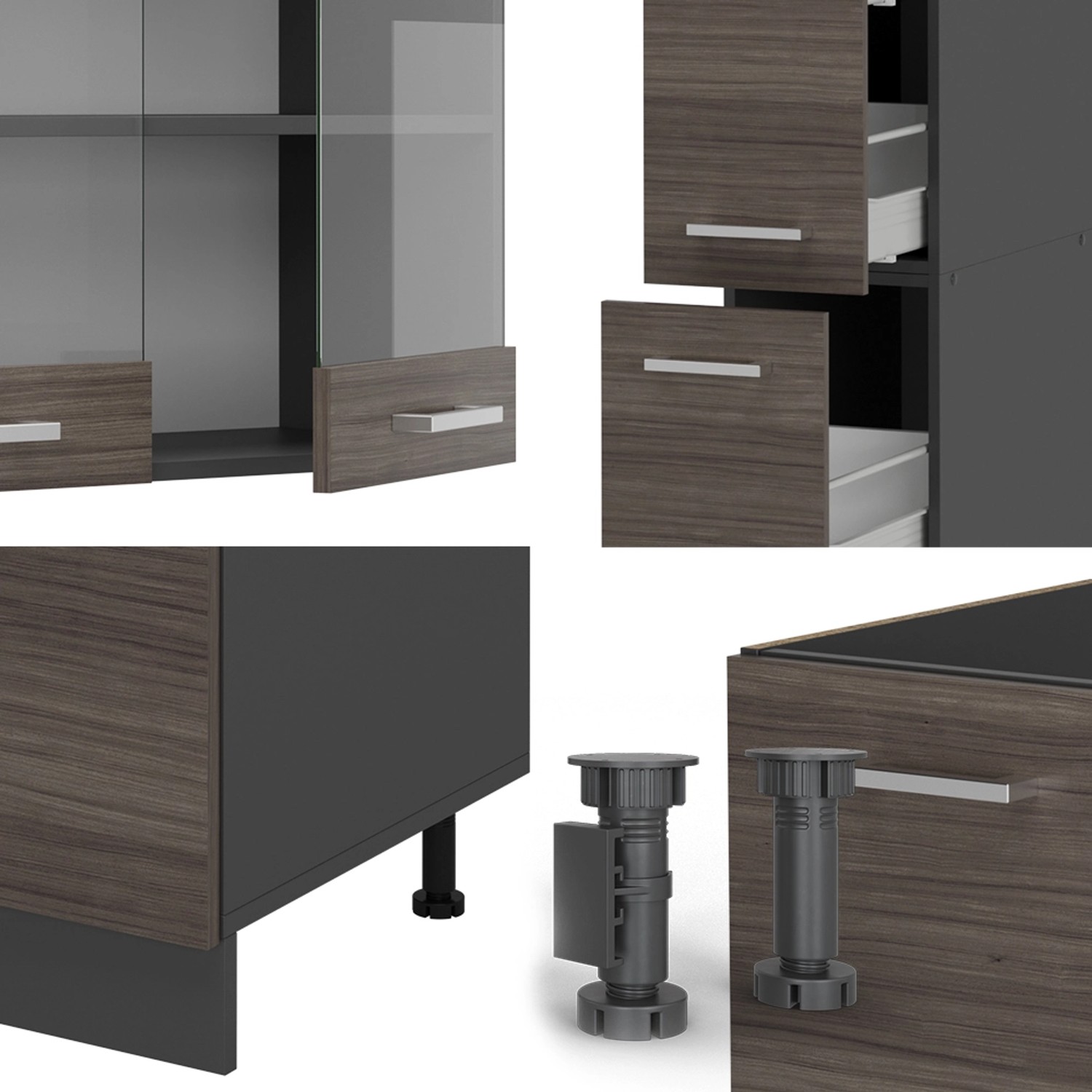 Vicco R-Line Küchenzeile, 350 cm, Edelgrau/Anthrazit, Marmor Arbeitsplatte. Details der modularen Einbauküche.