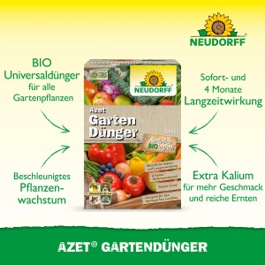 Neudorff Azet Gartendünger 2,5 kg: Verpackung mit Gemüseabbildung für gesunde Pflanzen und reiche Ernte.
