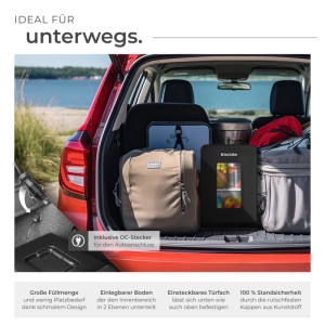 Tragbarer Mini-Kühlschrank Tectake im Auto mit Lebensmitteln und Getränken.