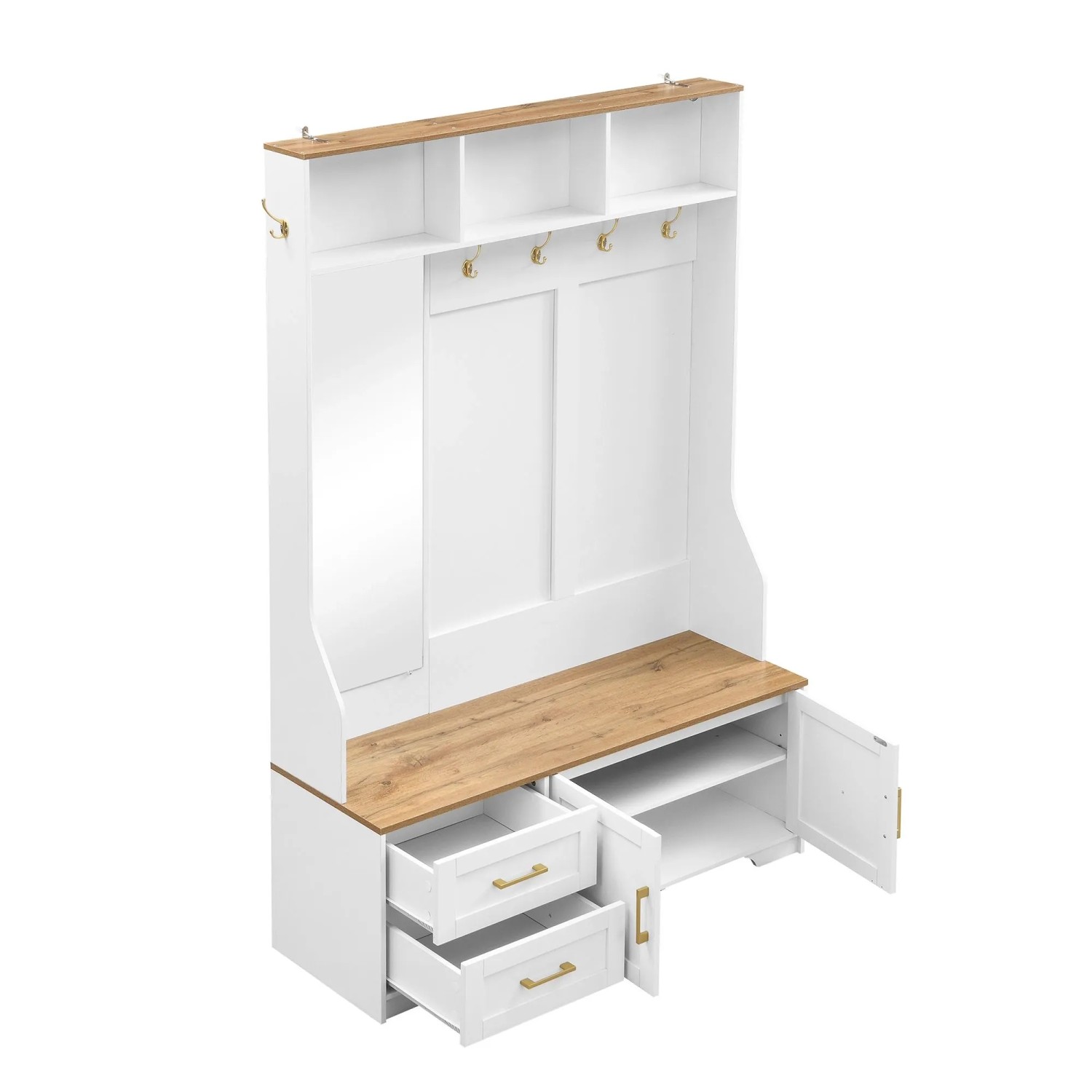 ModernLuxe Garderobe mit Led Beleuchtung Spiegel 2 Schubladen MDF Weiß Natur