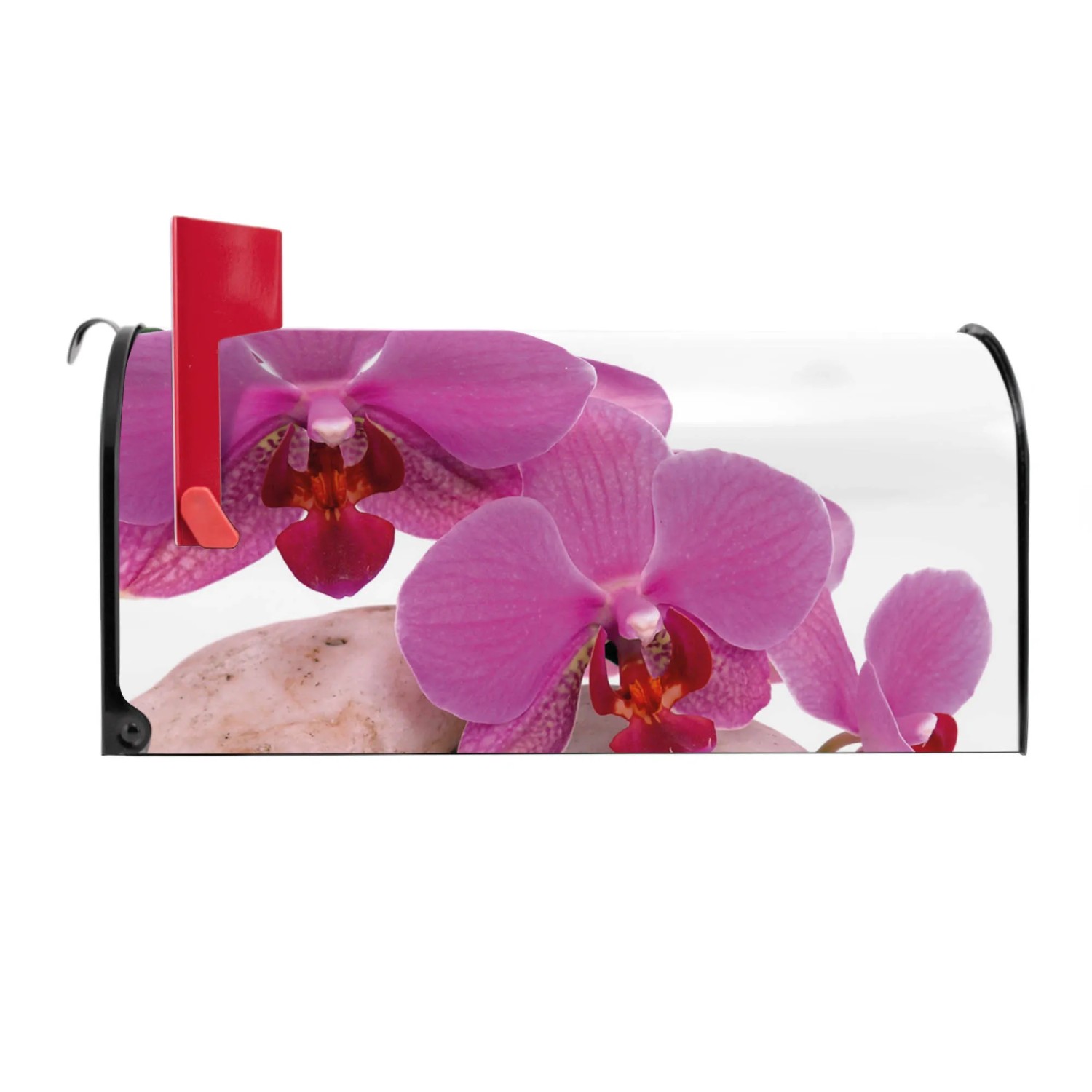 Schwarzer US Briefkasten mit Orchideen Motiv. Amerikanischer Postkasten aus Stahl, pulverbeschichtet.
