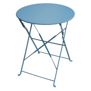 Blauer, klappbarer Svita Bistrotisch aus Metall für Balkon oder Garten.