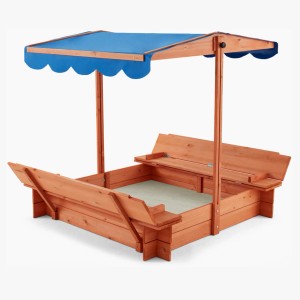 Home Deluxe Sandkasten Buddelkiste mit blauem Dach und Sitzbänken.
