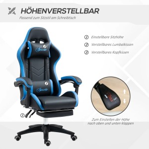 Vinsetto Gaming Stuhl in Schwarz/Blau mit Lenden- und Kopfkissen, höhenverstellbar.