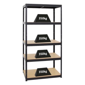 Schwarzes PROREGAL Schwerlastregal Slim Elephant mit 5 MDF-Holz Ebenen für Werkstatt oder Garage.