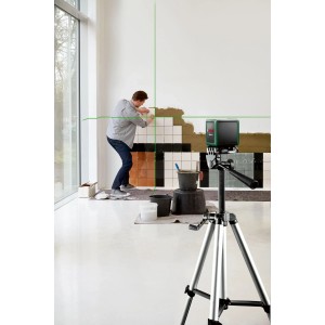 Stativ TT 110, silbernes Aluminium-Dreibein mit Nivelliergerät. Präzises Ausrichten beim Fliesenlegen, Messwerkzeug.