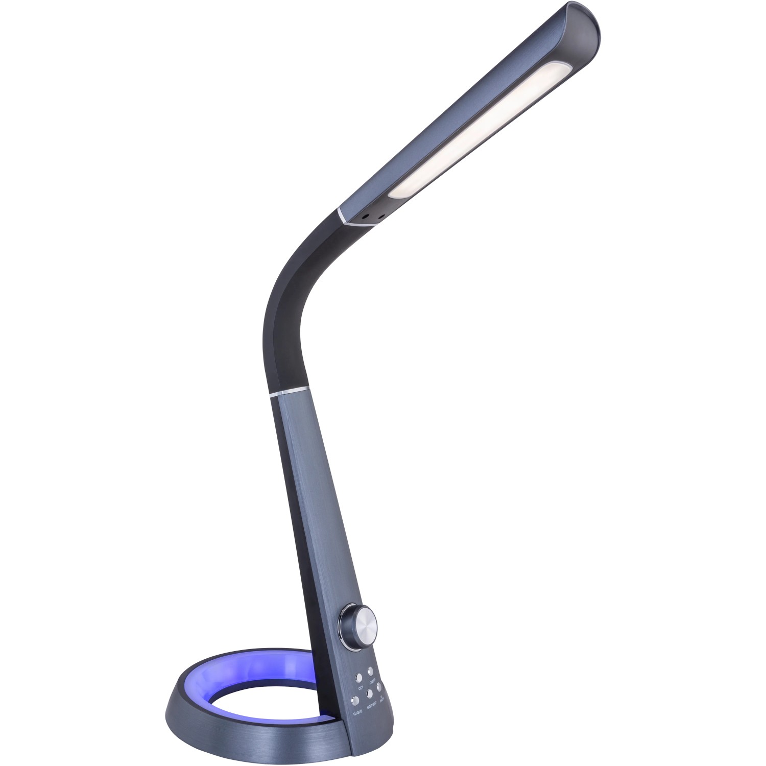 Schwarze Globo LED-Tischleuchte Mitti mit flexiblem Arm und farbigem Lichtring.