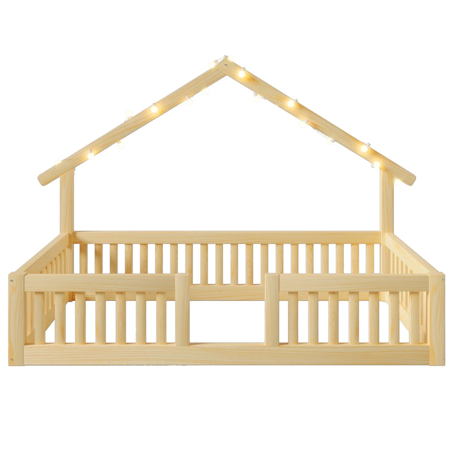 Merax Holz Hausbett 90x200 cm Mit Rausfallschutz Sicherheitsgitter LED Natur
