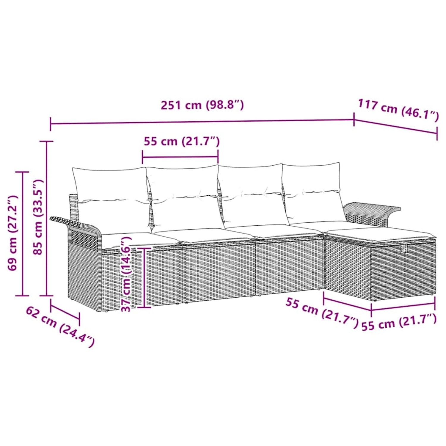 vidaXL Gartenmöbel-Set, braunes Poly Rattan Sofa mit Kissen und Stauraum, 5-teilig, Maße eingezeichnet.